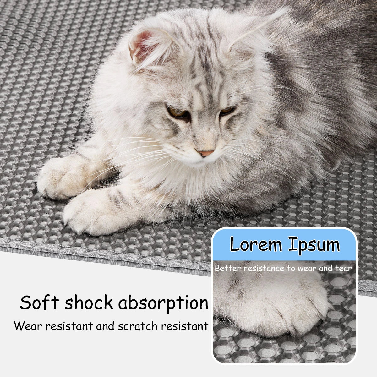 Cat lying on a textured mat with text overlay about shock absorption and wear resistance.