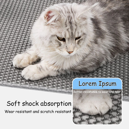 Cat lying on a textured mat with text overlay about shock absorption and wear resistance.