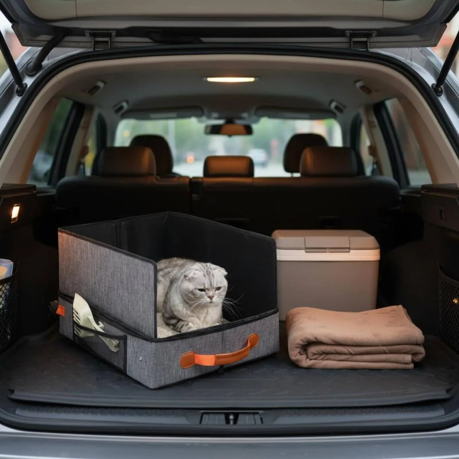 Cat inside a pet carrier in the trunk of a car with a cooler and blanket.
