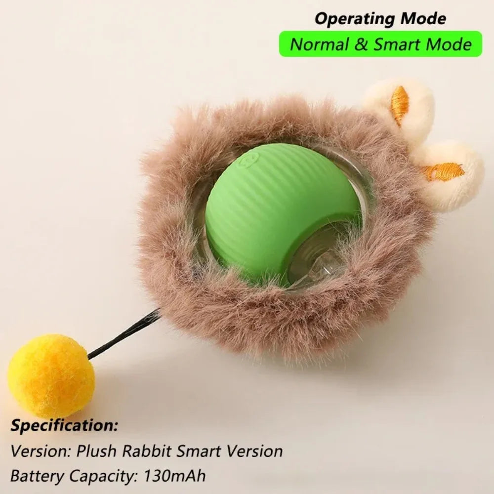 Plush rabbit-shaped toy with green ball inside, labeled 'Operating Mode Normal & Smart Mode' and 'Specification: Plush Rabbit Smart Version Battery Capacity: 130mAh'.