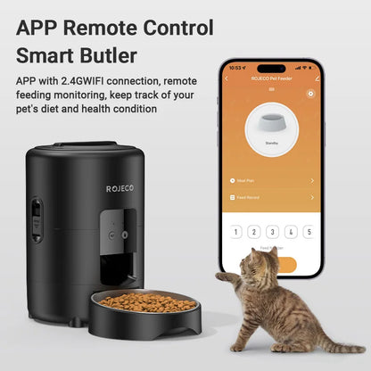 Smart pet feeder with app control and a cat interacting with it on a light gray background