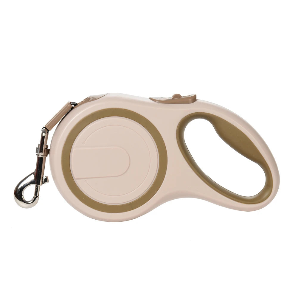 Beige and brown retractable dog leash on a white background