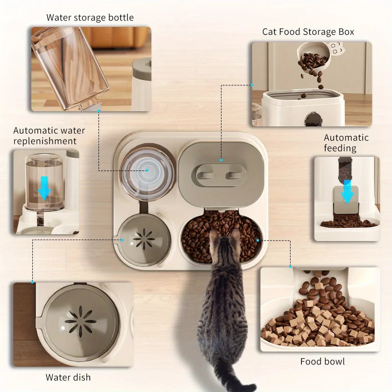 Collage of pet care products including a water storage bottle, cat food storage box, automatic water replenishment system, and food bowls.