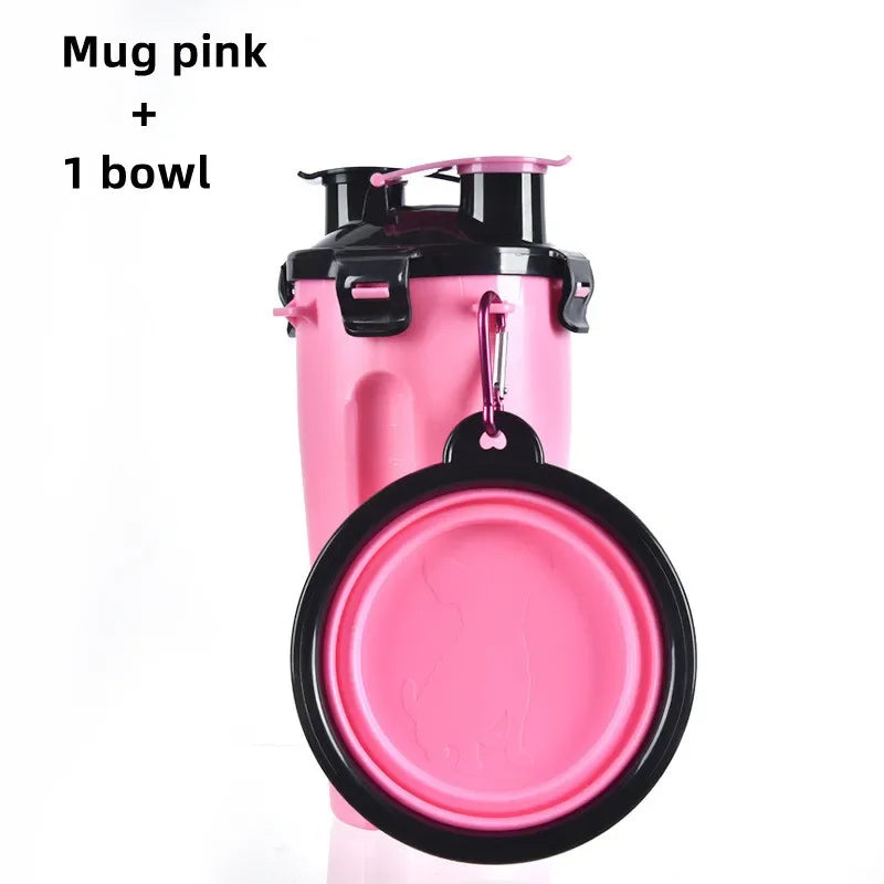 Pink travel mug with black lid and pink bowl on a white background