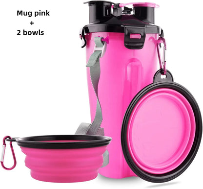 Pink collapsible water bottle and two bowls with carabiners on a white background