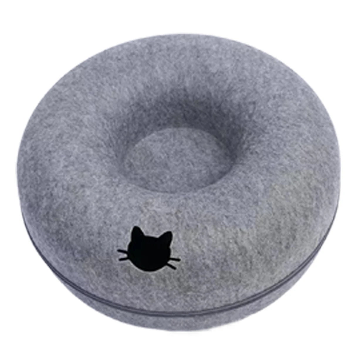Gray donut-shaped pillow with a black cat silhouette on a white background