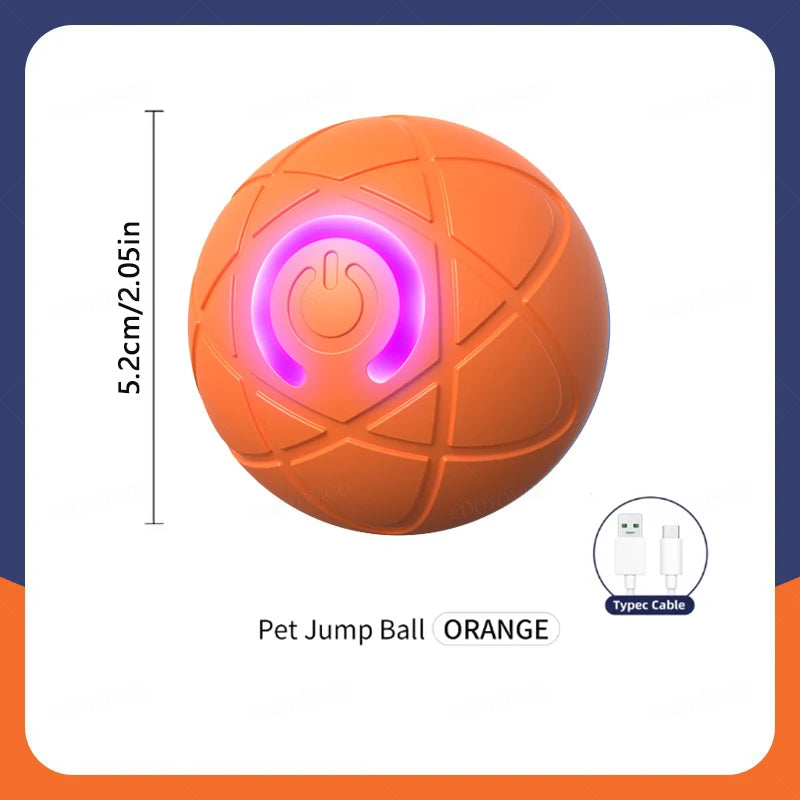 Orange pet jump ball with purple center and measurement details on a white background
