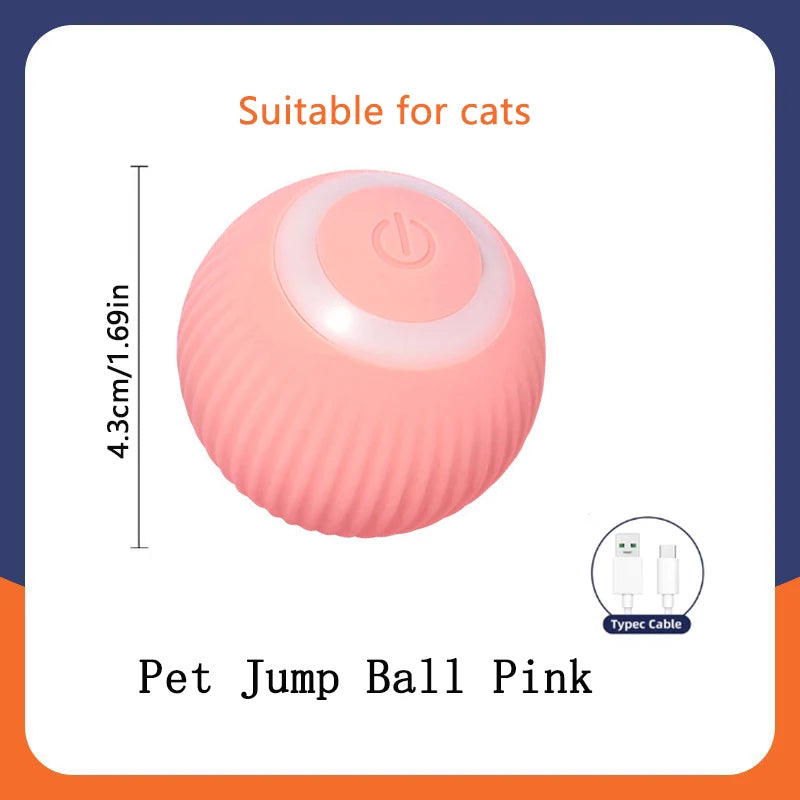 Pink pet jump ball with power symbol, suitable for cats, on a white background with text and measurements.