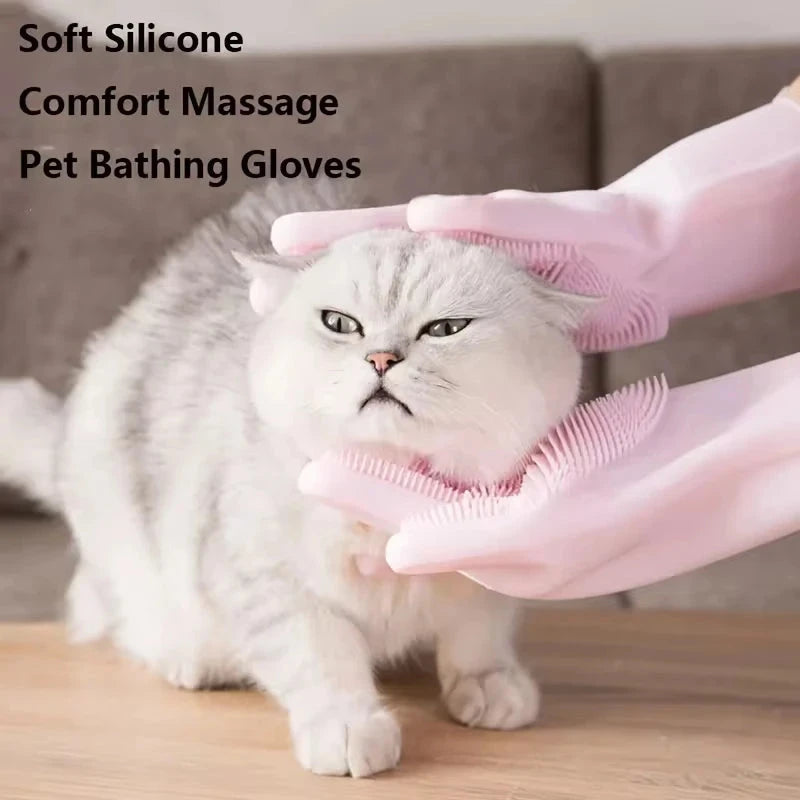 Silicone Pet Bathing Gloves – Grooming Brush for Cats & Dogs