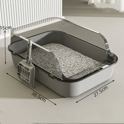 Pet litter box with dimensions indicated on a neutral background