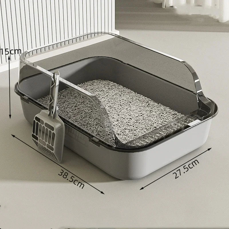 Pet litter box with dimensions indicated on a neutral background