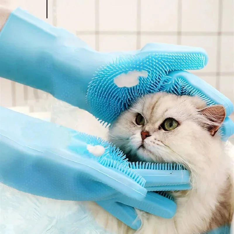 Silicone Pet Bathing Gloves – Grooming Brush for Cats & Dogs
