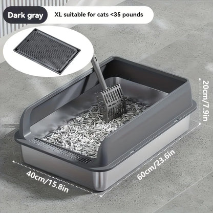 Gray cat litter box with scoop on a concrete floor, showing dimensions and suitability for cats under 35 pounds.