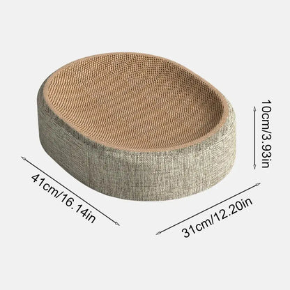 Round cat scratcher with dimensions on a white background
