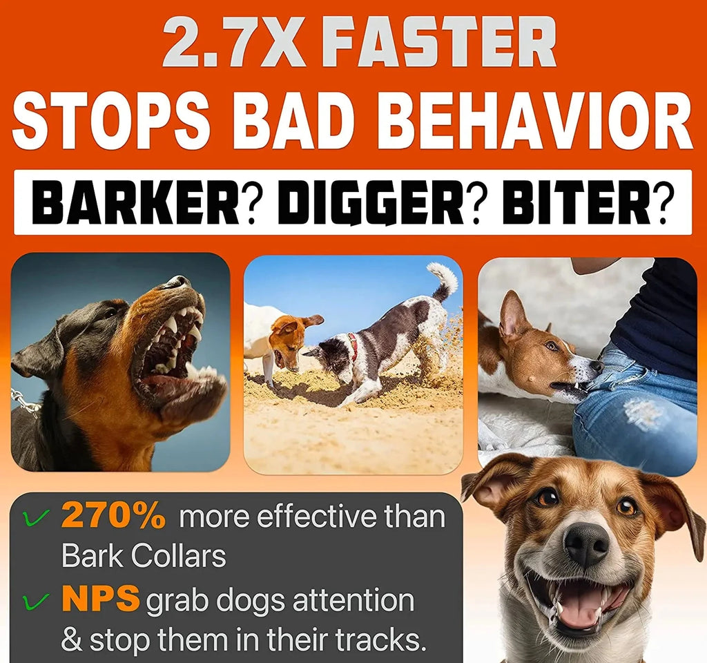 Advertisement for a dog behavior product with images of dogs and text highlighting its effectiveness.