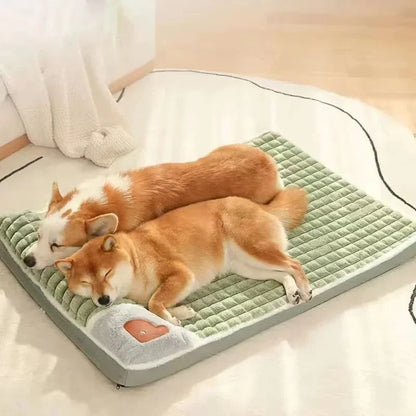 Two dogs sleeping on a green pet bed with a soft texture.