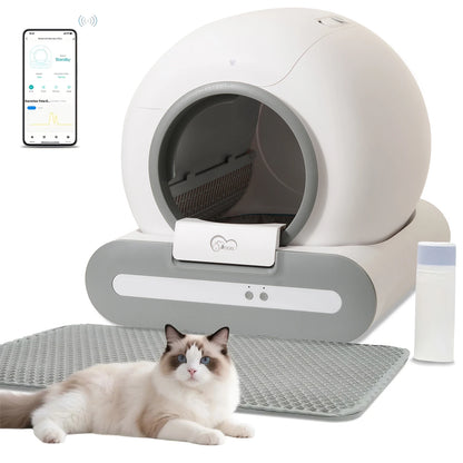 Smart pet litter box with a cat lying on the mat, smartphone app on the left, and milk container on the right.