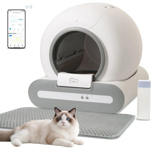Smart pet litter box with a cat lying on the mat, smartphone app on the left, and milk container on the right.
