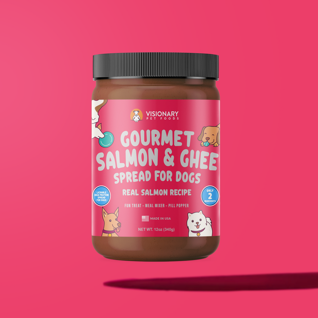 Jar of Gourmet Salmon & Ghee Spread for Dogs on a pink background