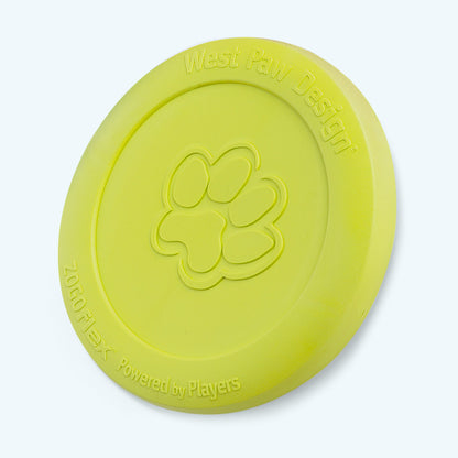 Yellow dog toy with West Paw Design branding on a white background