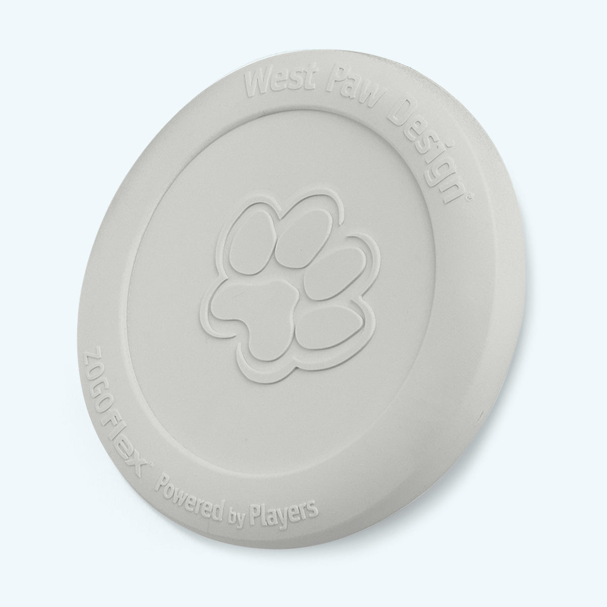 Gray dog toy with paw print design and branding on a light gray background