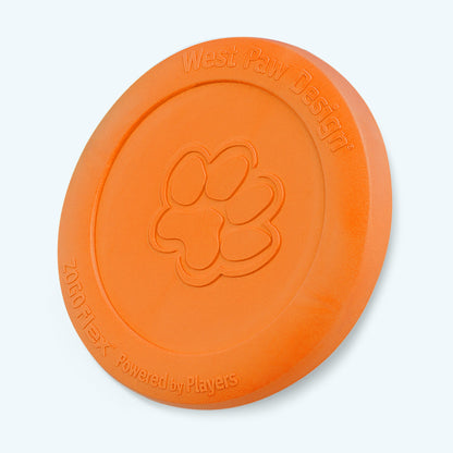 Orange dog toy with West Paw Design branding on a white background
