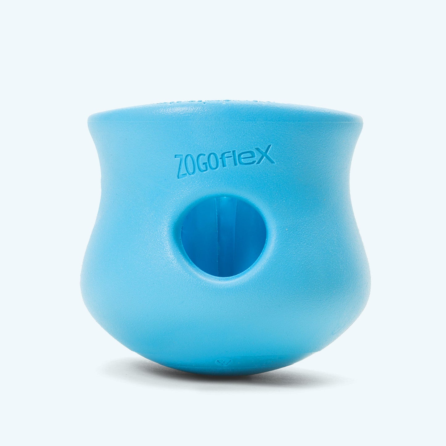 Blue rubber duck with 'Zogoflex' branding on a white background