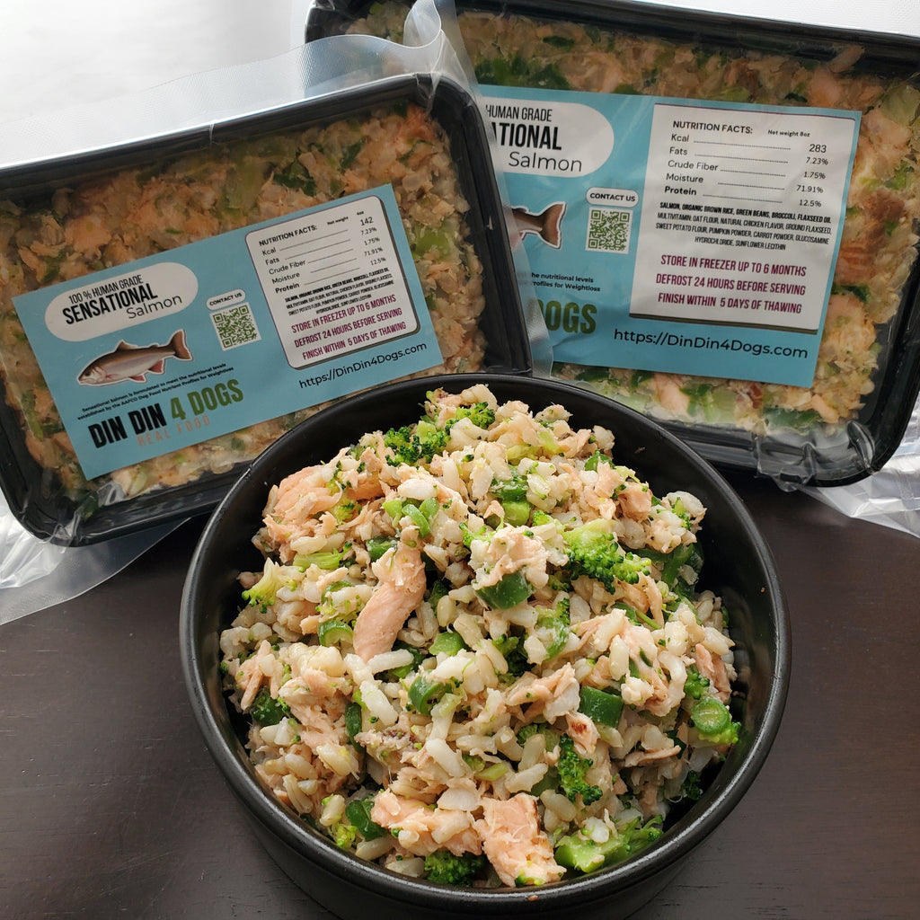 Dog food packaging with a bowl of food on a table