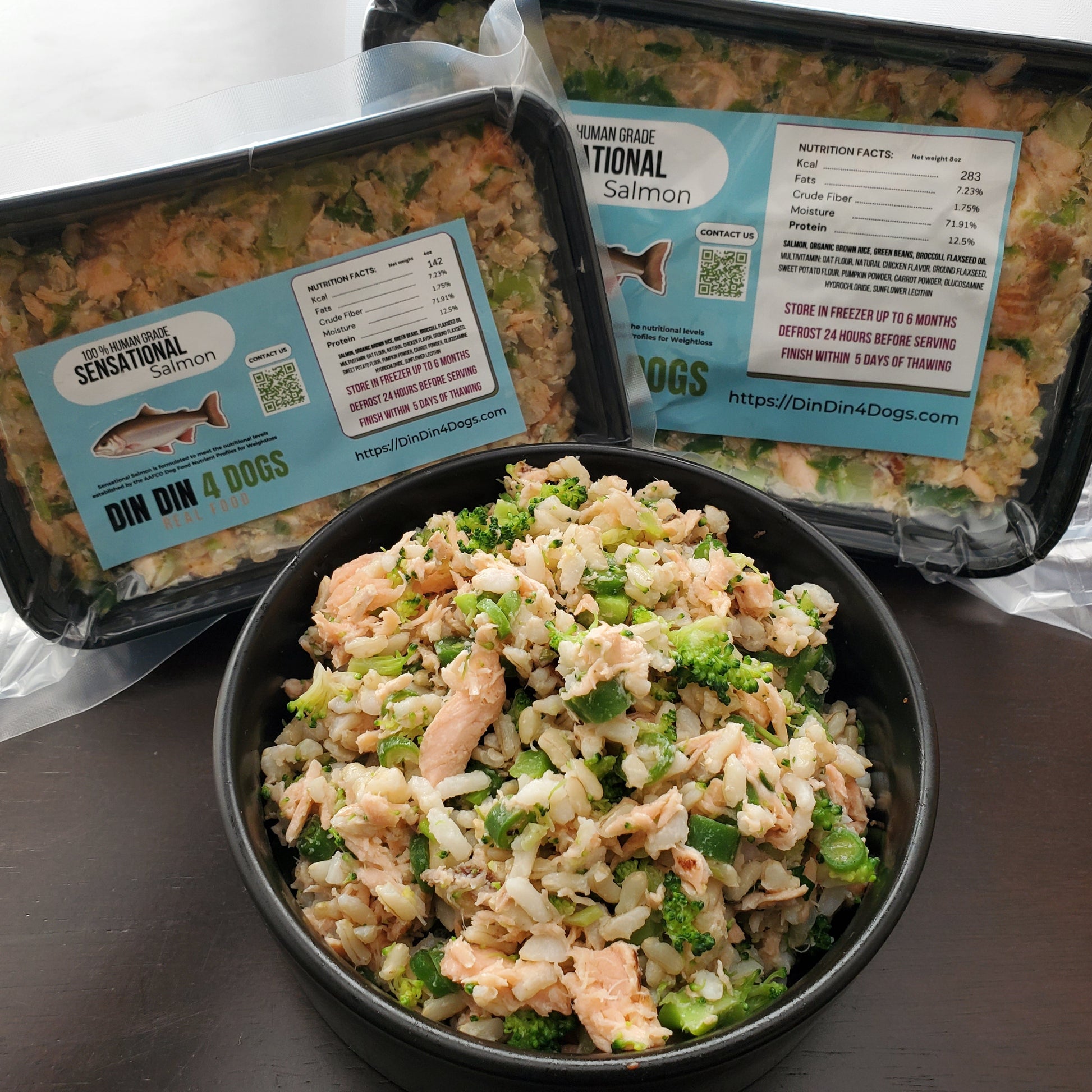 Dog food packaging with a bowl of food on a table
