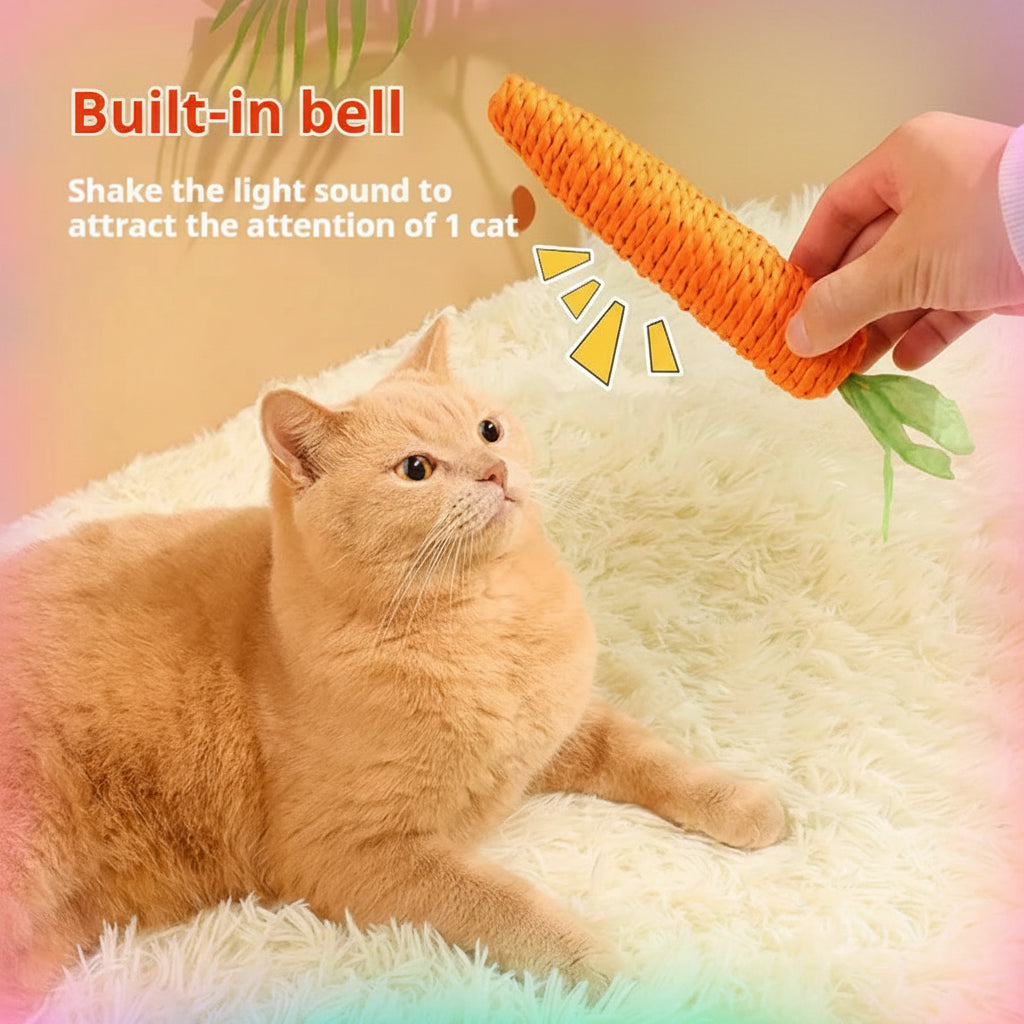 Cat playing with a carrot-shaped toy with a built-in bell on a fluffy surface.