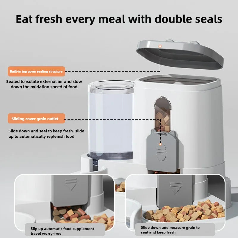 Pet food dispenser with double seals on a white background