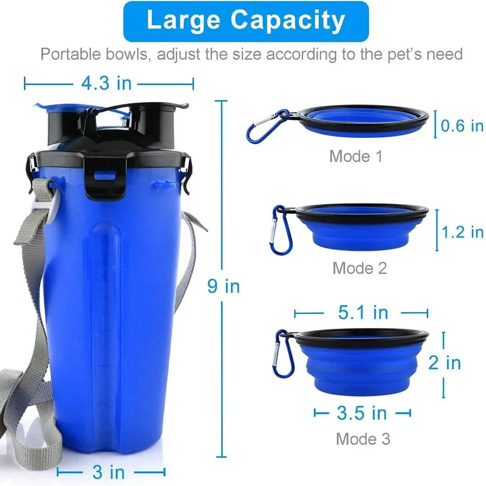 Blue portable pet water bottle with measurement details on a white background