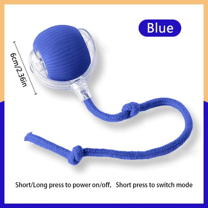 Blue handheld device with a rope, showing dimensions and control instructions.
