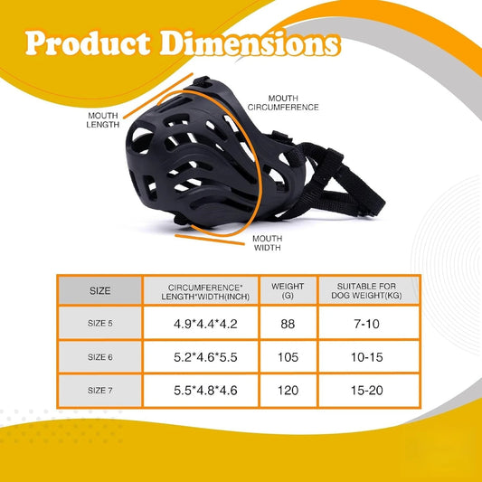 Product dimensions chart for a black dog muzzle, showing labeled measurements around the muzzle and a size table with circumference, weight, and suitable dog weight ranges.