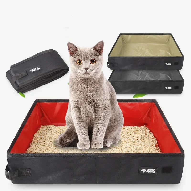 Cat sitting on a black pet litter box with red interior, surrounded by additional pet litter boxes.
