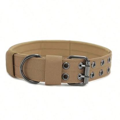 Tan dog collar with metal rings on a white background