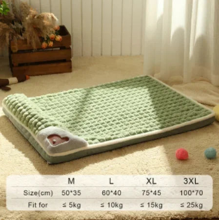 Green pet bed with size chart on a carpeted floor
