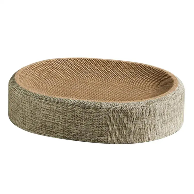 Round cat scratcher with textured surface on a white background
