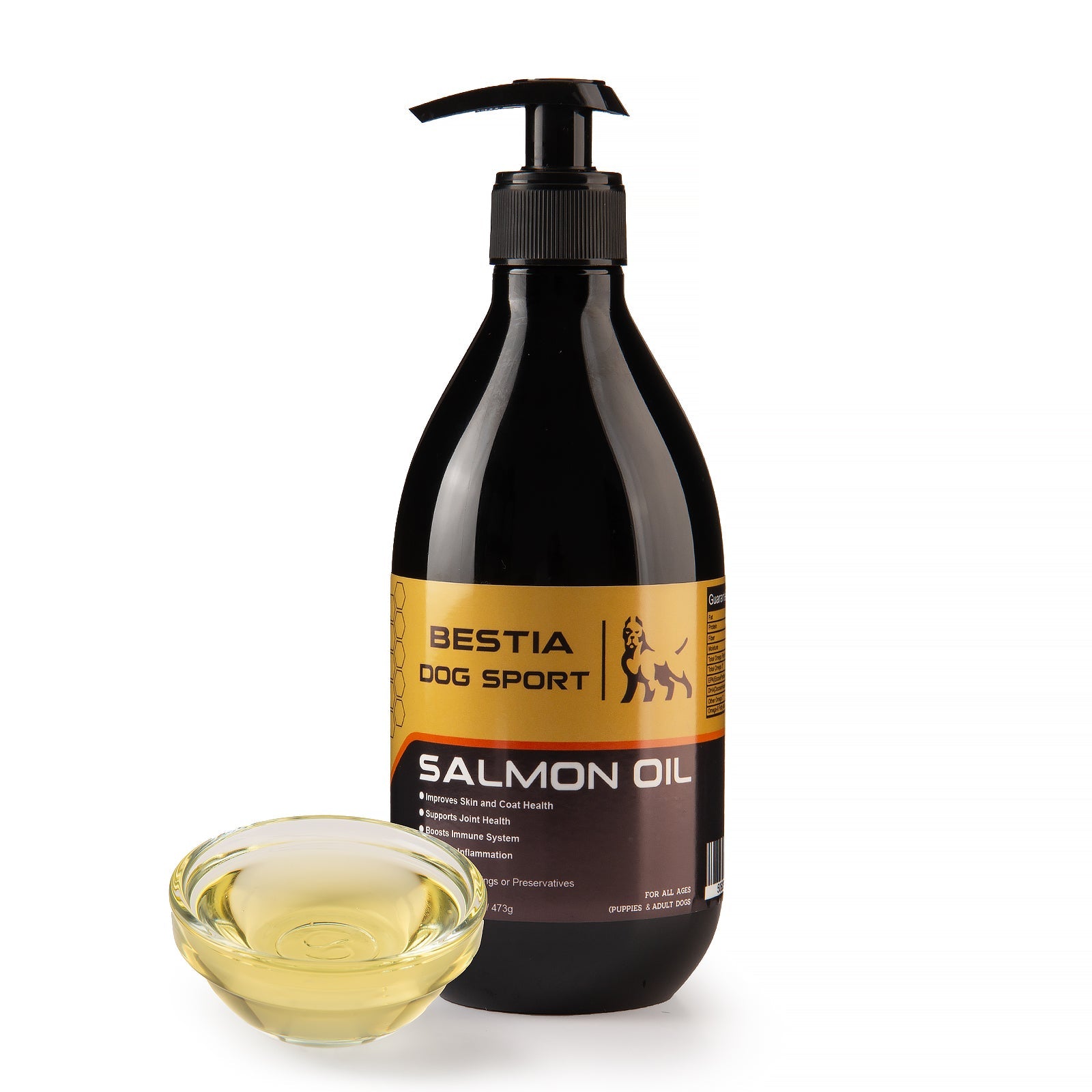Bottle of Bestia Dog Sport Salmon Oil with a small bowl of oil on a white background