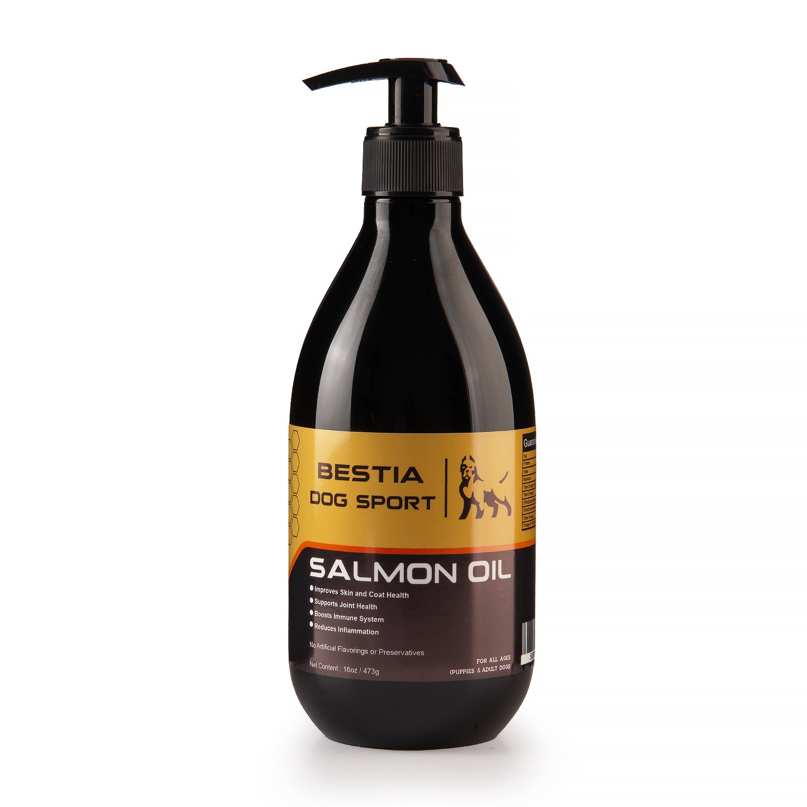 Bottle of Bestia Dog Sport Salmon Oil on a white background
