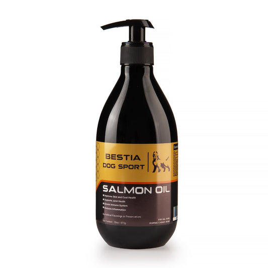 Bottle of Bestia Dog Sport Salmon Oil on a white background