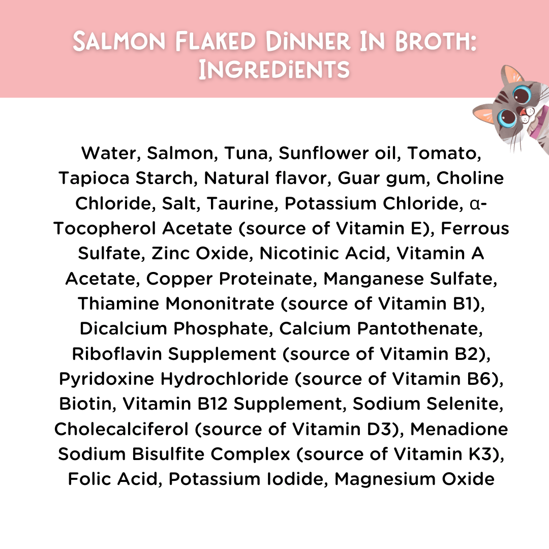 List of ingredients for salmon flaked dinner in broth with a pink border and cat illustration.