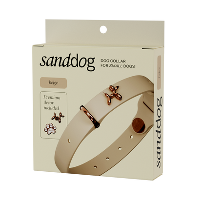 Beige dog collar packaging with sanddog branding on a white background