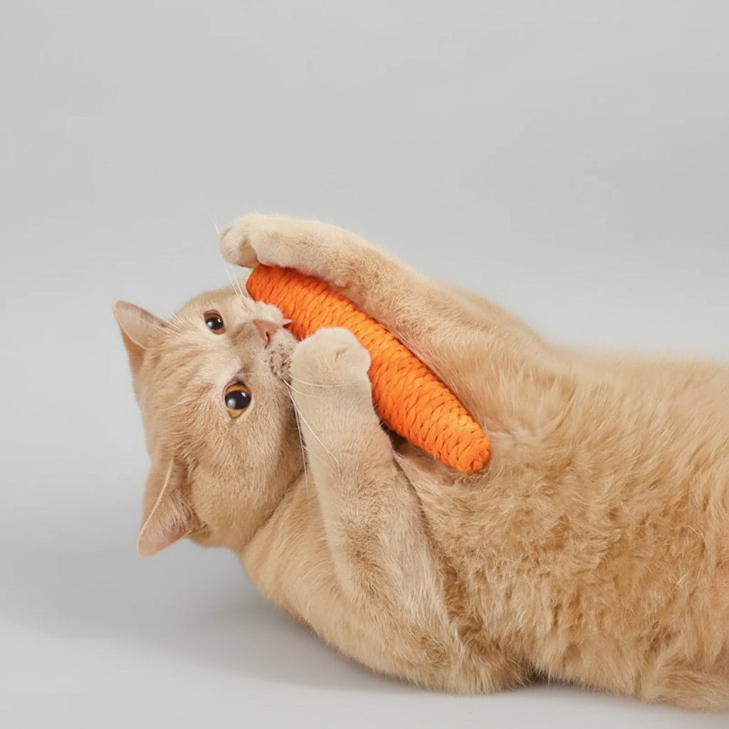 Cat playing with a plush carrot toy on a soft surface, with 'PETLAI' branding.