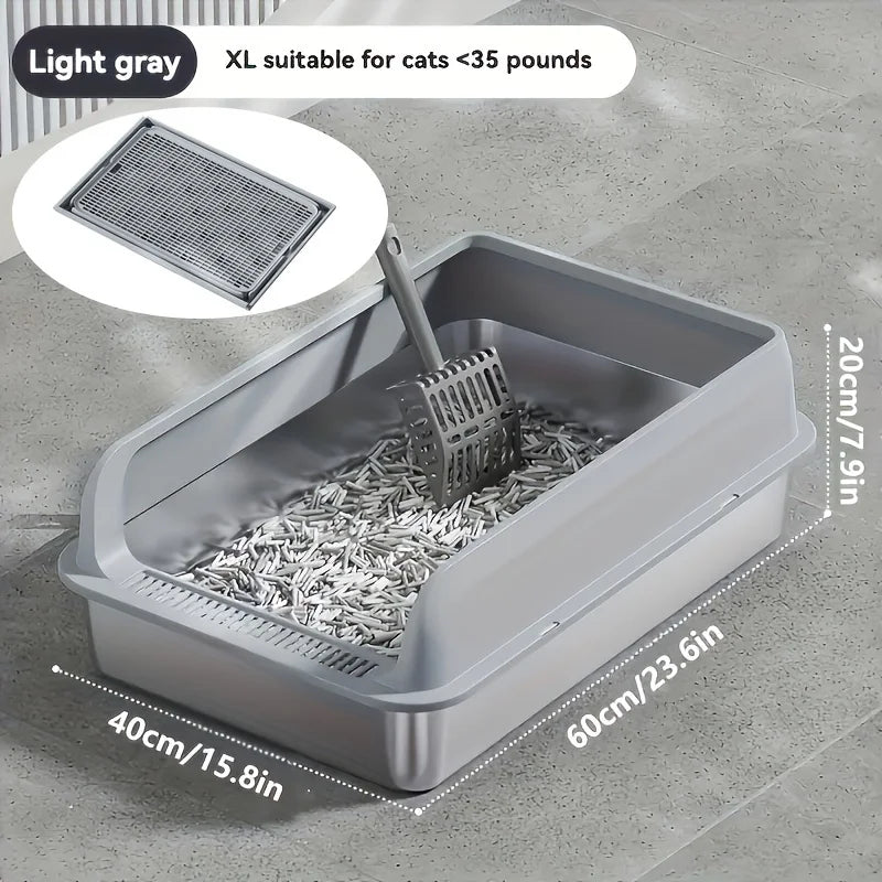 Gray cat litter box with dimensions and features on a concrete floor