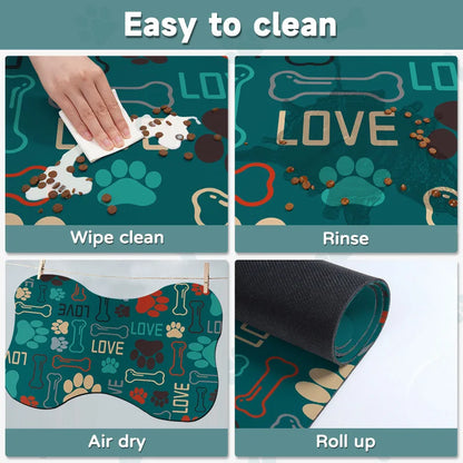 Steps to clean a pet mat with illustrations of cleaning process.