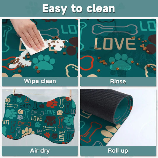 Steps to clean a pet mat with illustrations of cleaning process.