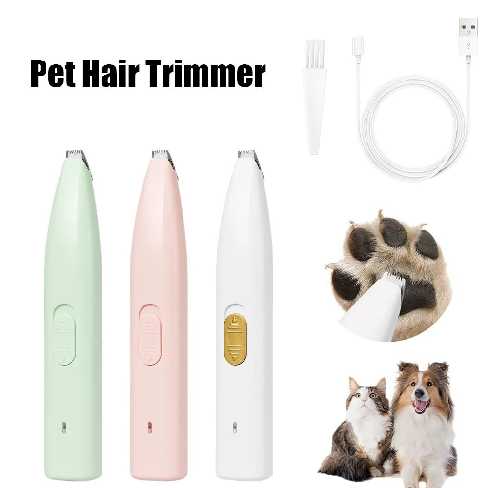 Pet hair trimmer with attachments and a paw print on a white background