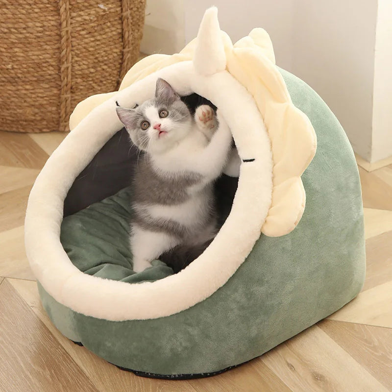 Cat inside a green pet bed with white interior on a wooden floor.