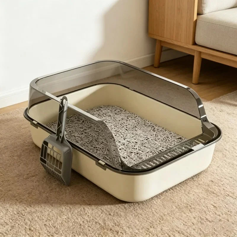 Pet litter box with a transparent lid on a carpeted floor.